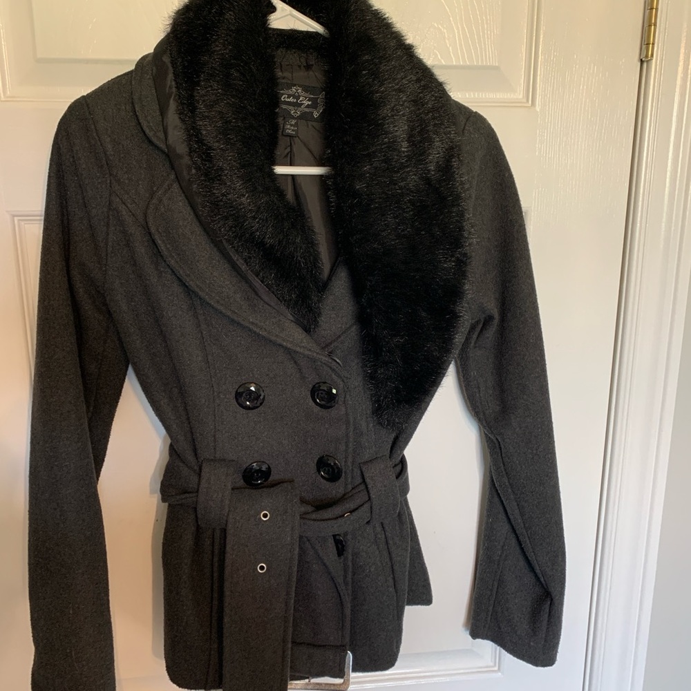 Outer Edge Charcoal Double-Breasted Pea Coat with Faux Fur Collar
